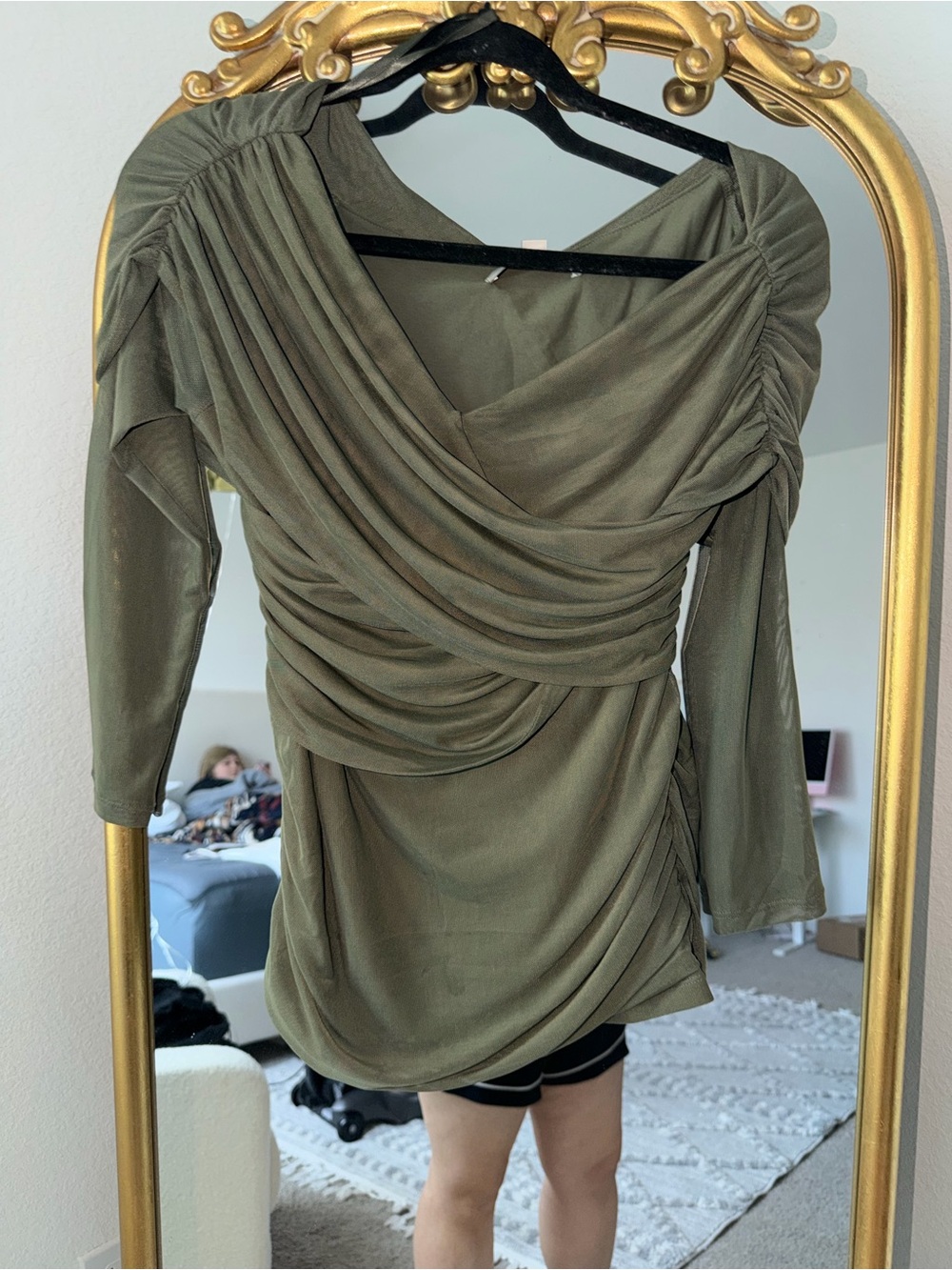 LOFT Olive Green Draped Blouse with Subtle Ruching